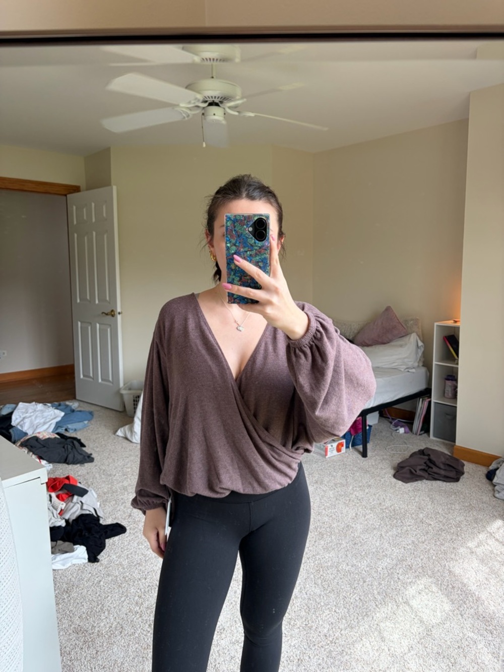 Women’s Wrap Front Long Sleeve Top - Mauve Brown